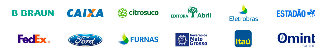 Logotipos de clientes do IPCS: B. Braun, Caixa, Citrosuco, Editora Abril, Eletrobras, Estadão, FedEx, Ford, Furnas, Governo de Mato Grosso, Itaú e Omint Saúde
